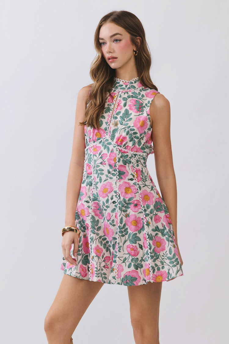 Floral Lace Trim Open Back Mini Dress: Pink