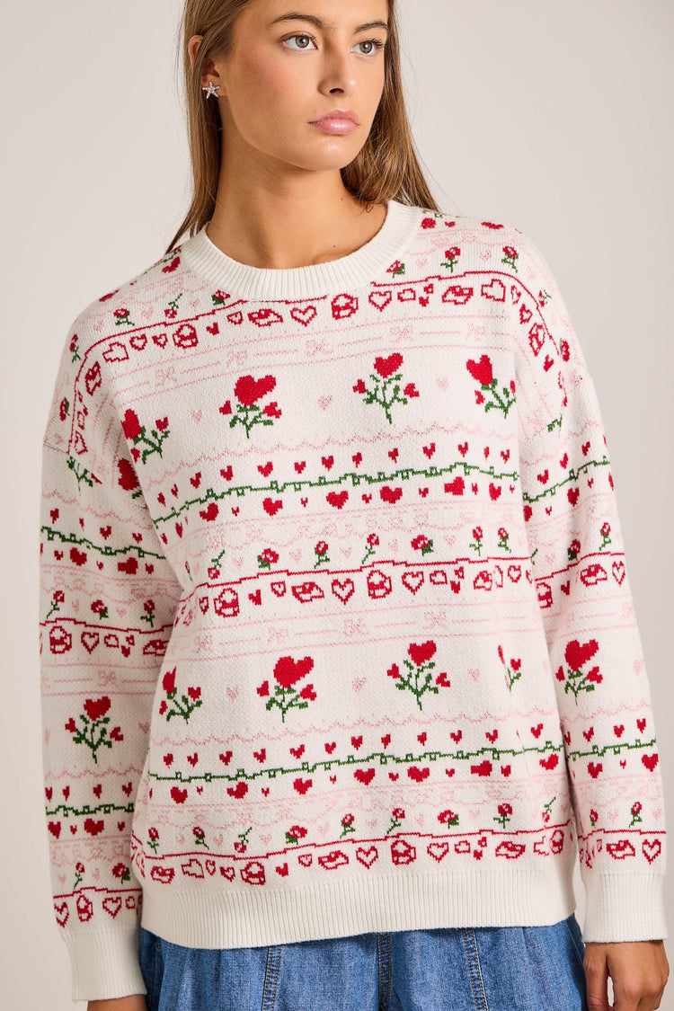 All overr heart-and-rose jacquard sweater knit top