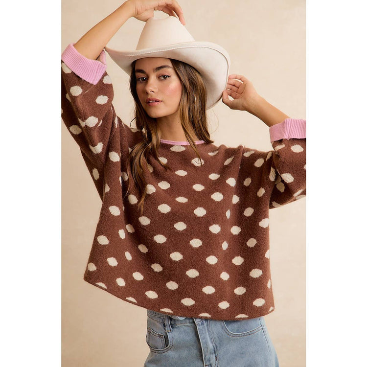 CONTRAST NECK AND ROLL UP DETAIL POLKA DOT SWEATER: MOCHA/BLUSH