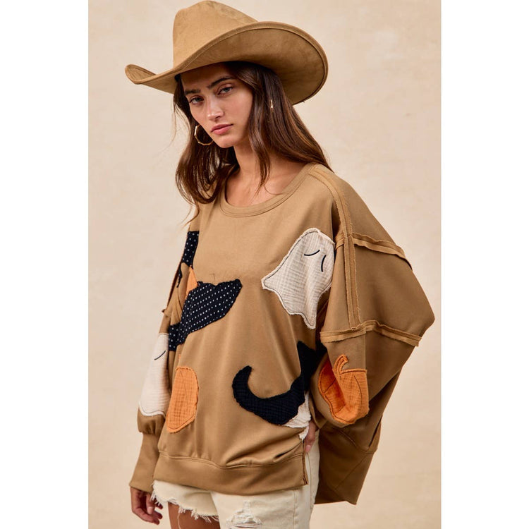 HALLOWEEN THEME PATCHWORK FRENCH TERRY SWEATSHIRT