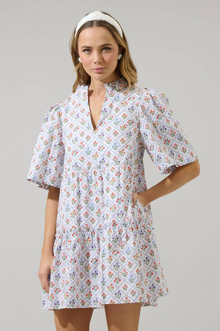 Lara Floral Dixie Split Neck Shift Dress: WHT-MULT