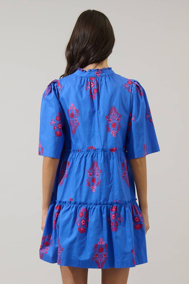 Shayna Floral Dixie Split Neck Shift Dress: BLUE-PINKs