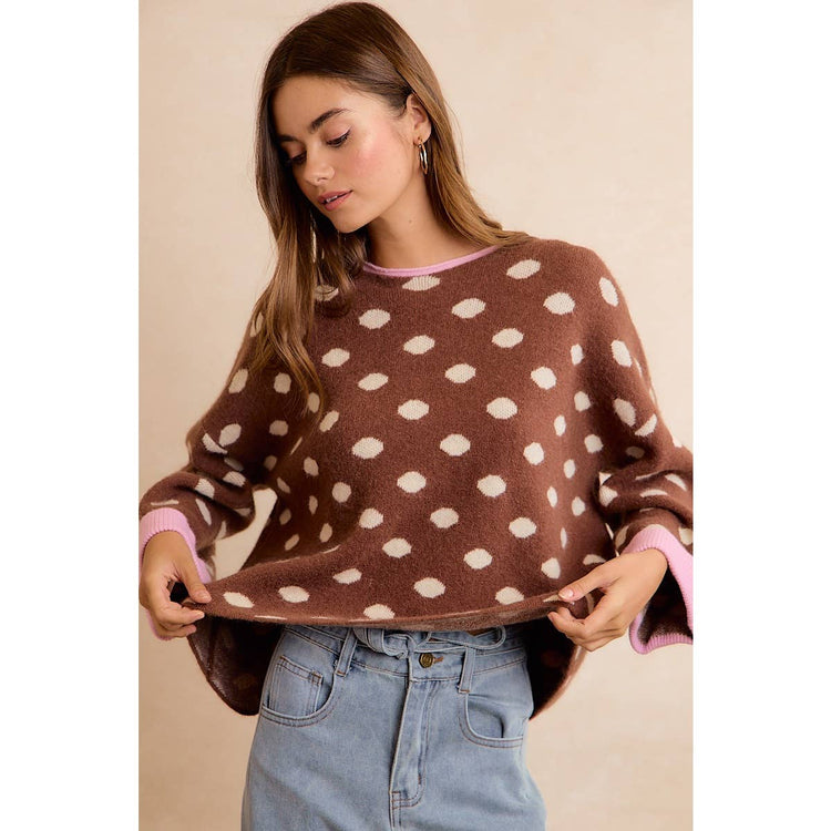 CONTRAST NECK AND ROLL UP DETAIL POLKA DOT SWEATER: MOCHA/BLUSH