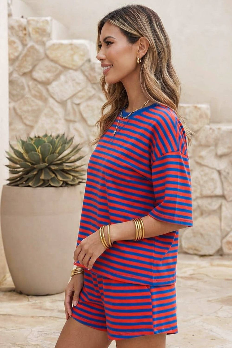 Stripe Dropped Shoulder Tee Loose 2pcs Short Set