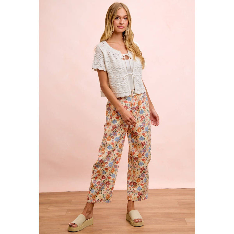 WASHED FLORAL PRINTED TWILL BARREL PANTS