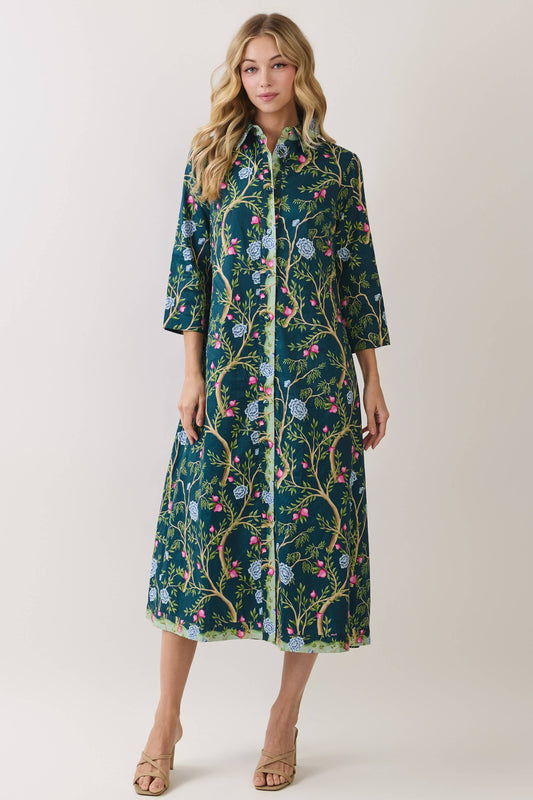 Botanical Print Button Front Midi Dress