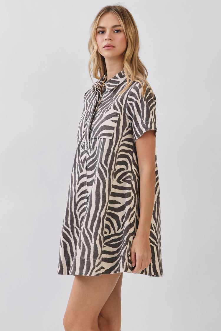 Zebra Print Button Down Collared Mini Dress