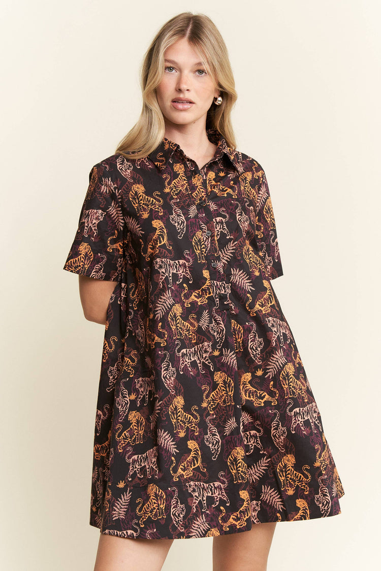 COLLARED TIGER PRINT MINI DRESS