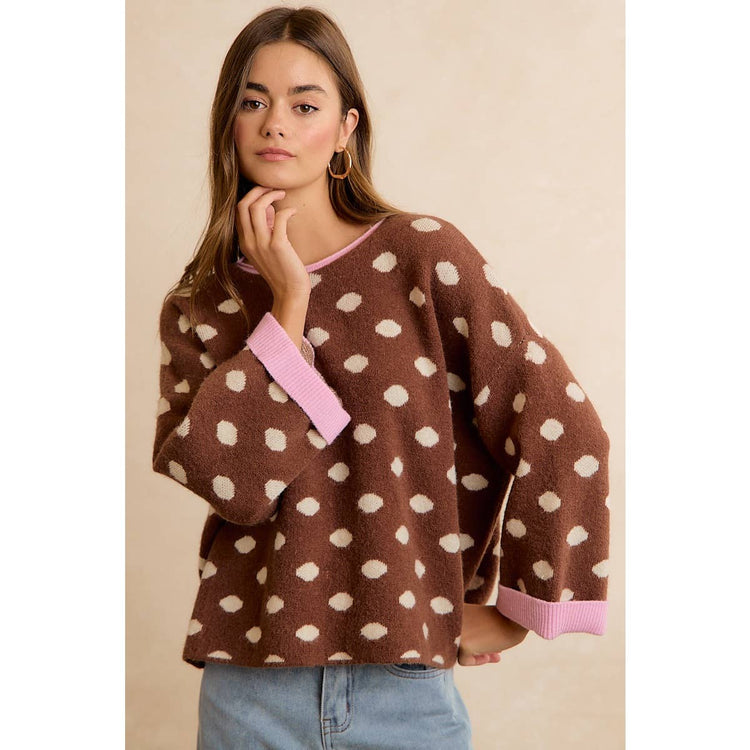 CONTRAST NECK AND ROLL UP DETAIL POLKA DOT SWEATER: MOCHA/BLUSH