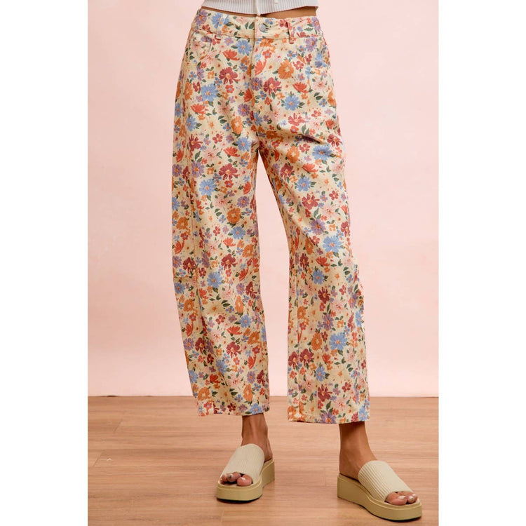 WASHED FLORAL PRINTED TWILL BARREL PANTS