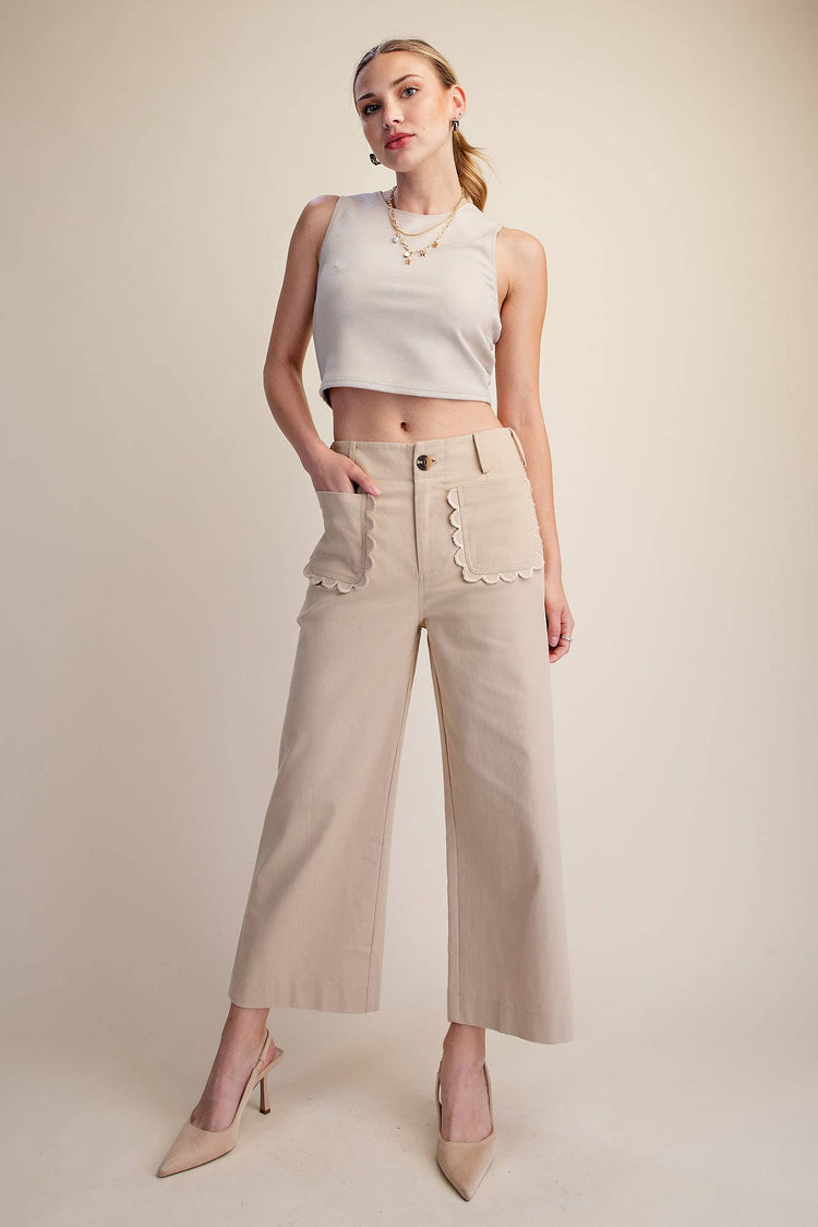 Colette Cropped Scallop Pocket Detail Wide-Leg Pants