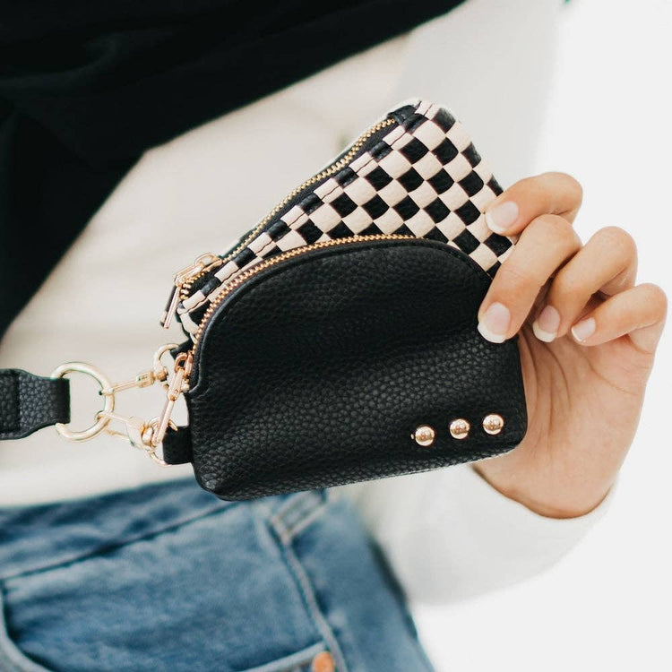 Wonderlust Woven Dual Pouch Wristlet Wholesale: Black Checkered