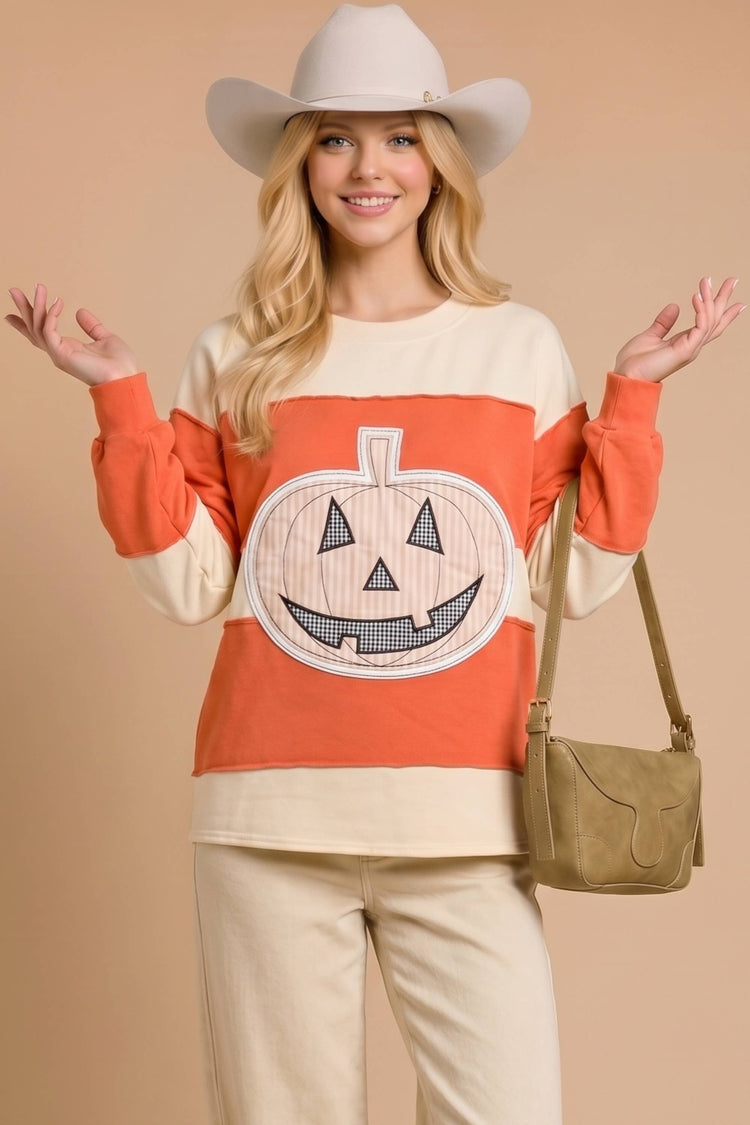 Pumpkin Appliqué Color Block Pullover