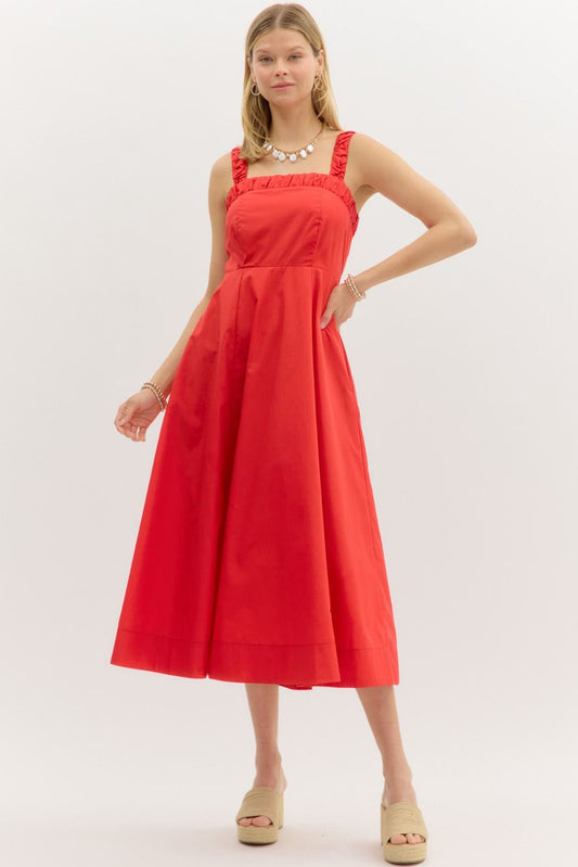 Solid ruched neck and tie shoulder strap closure pullover midi dress