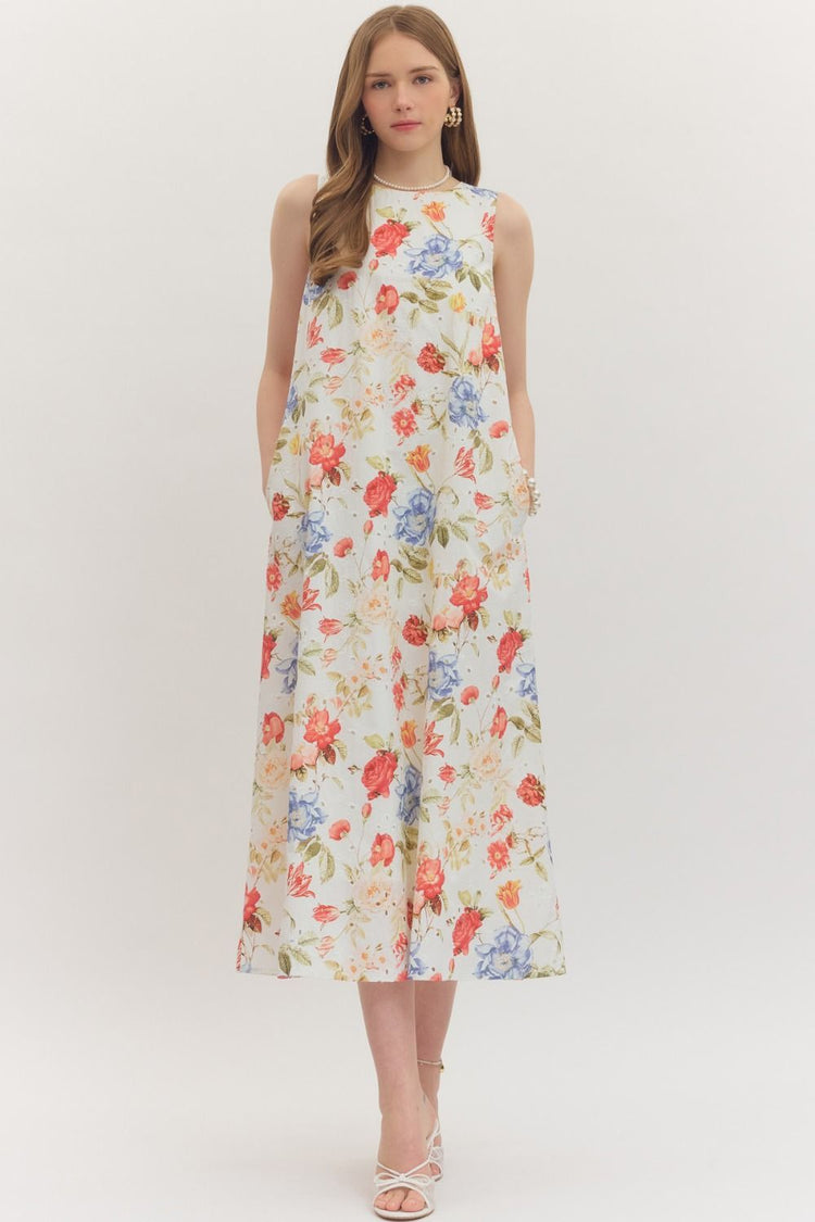 Botanical print sleeveless midi dress featuring eyelet fabric detail