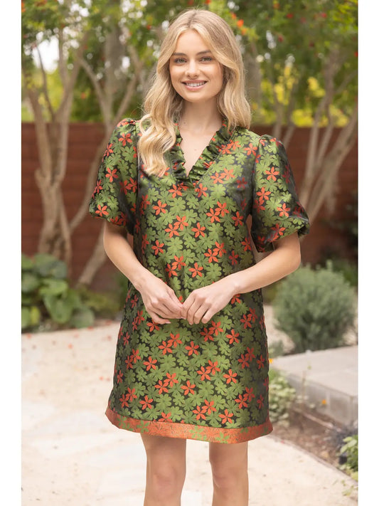 Floral Jaquard Ruffled V-Neck Shift Dress