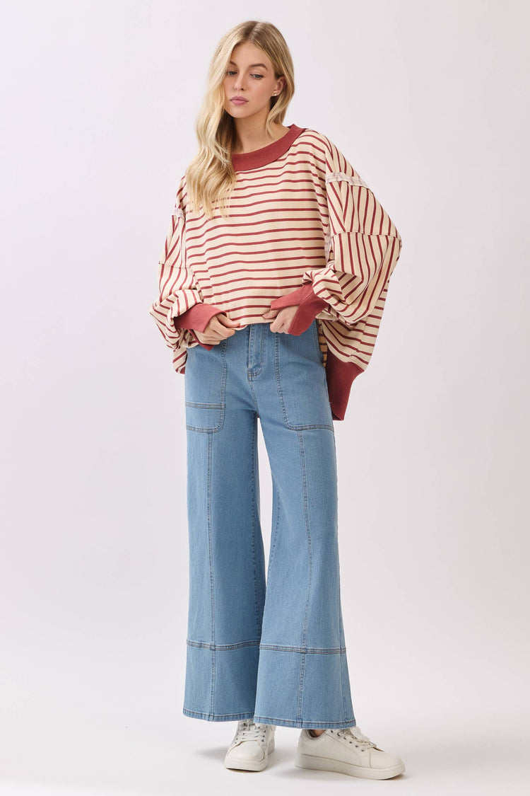 Striped Balloon Sleeve Terry Sweatshirt