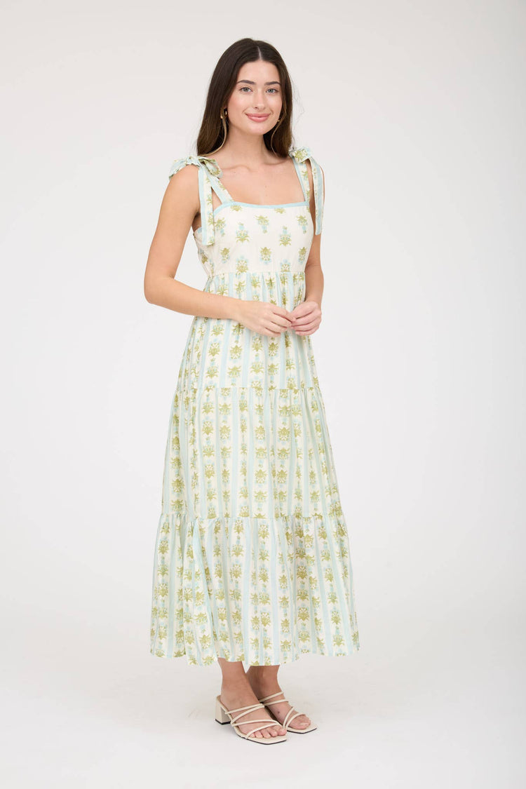STRIPE FLORAL CONTRAST SLEEVELESS MIDI DRESS: SAGE MULTI
