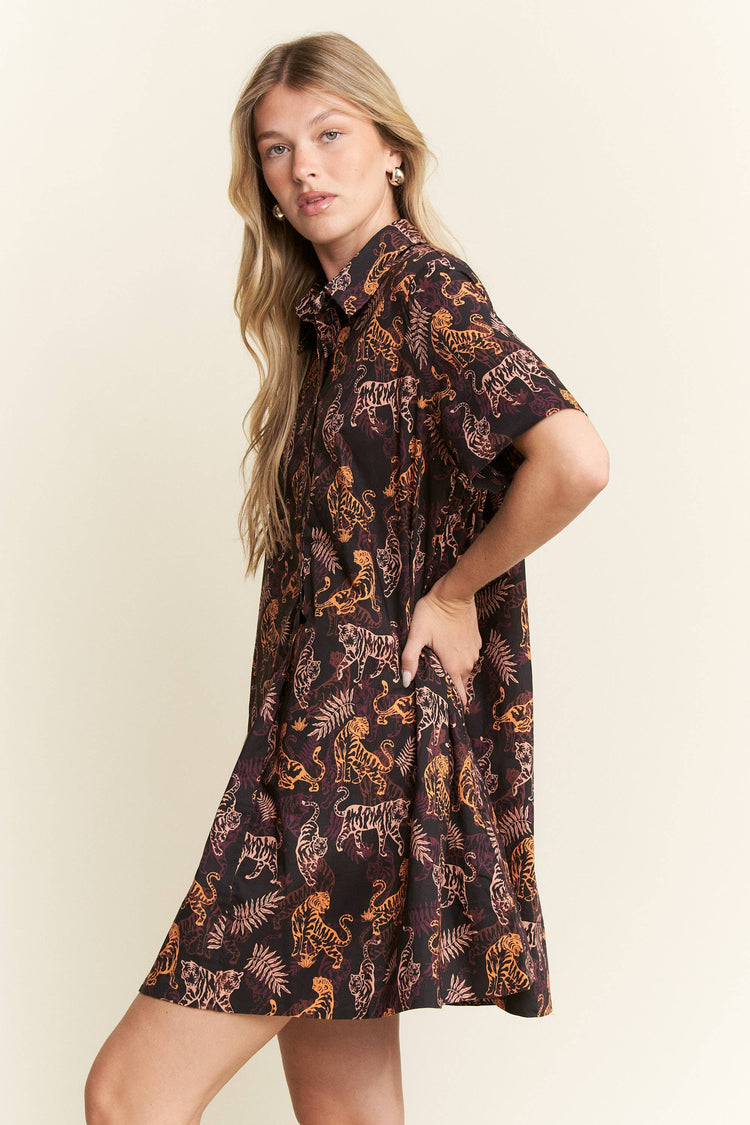 COLLARED TIGER PRINT MINI DRESS