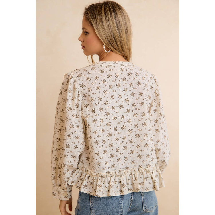 VINTAGE FLORAL SMOCKED BUTTON DOWN PEPLUM BLOUSE: OATMEAL