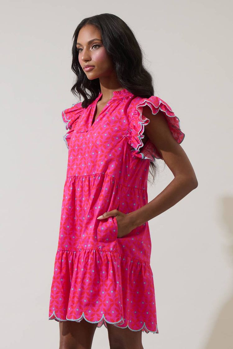 Vaila Floral Tess Shift Scallop Mini Dress: FUCH-RED-MUL