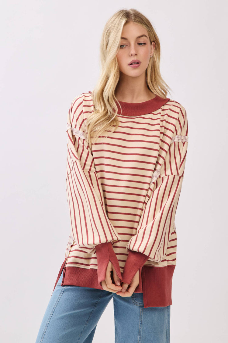 Striped Balloon Sleeve Terry Sweatshirt