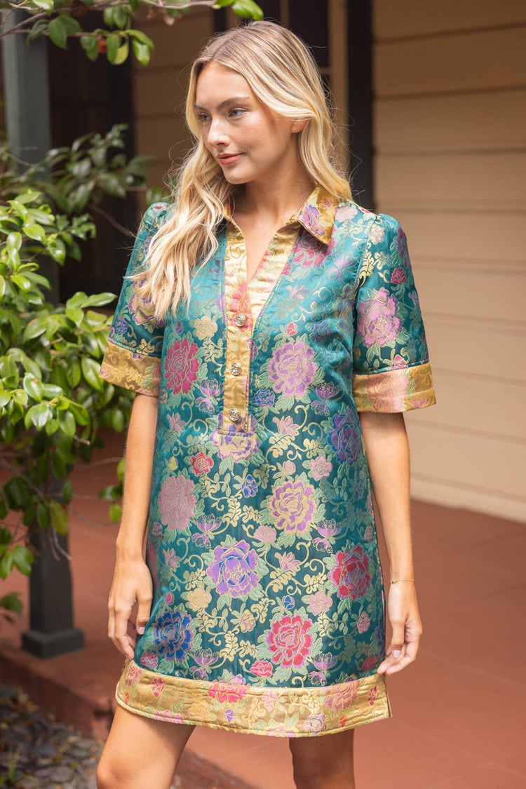 Color Block Collared Floral Jacquard Dress