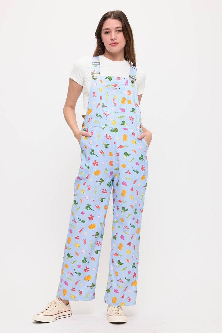 COLORFUL GARDEN VEGETABLES PRINT OVERALLS