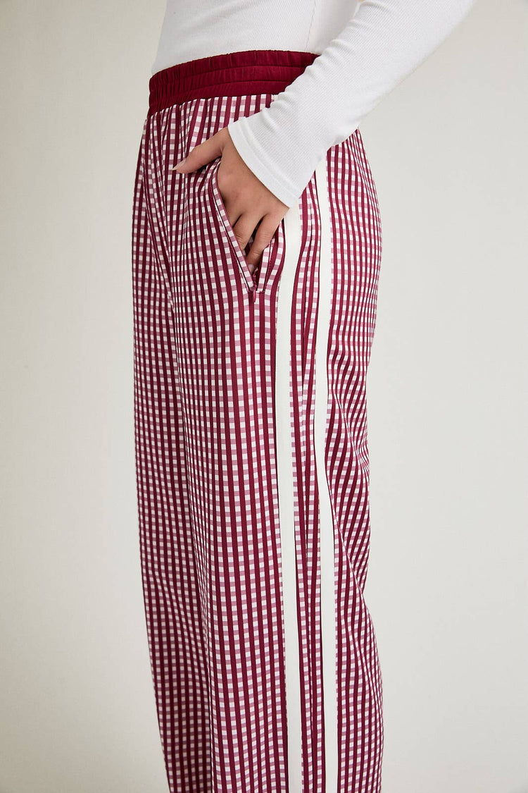 MID RISE SIDE STRIPE DETAIL TRACK PANTS: BURGUNDY-WHITE PLAID