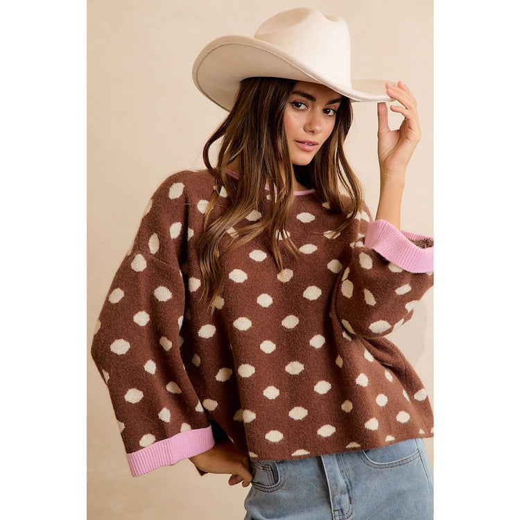 CONTRAST NECK AND ROLL UP DETAIL POLKA DOT SWEATER: MOCHA/BLUSH