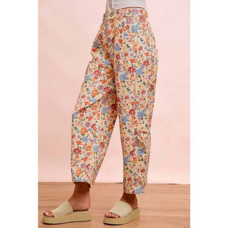 WASHED FLORAL PRINTED TWILL BARREL PANTS